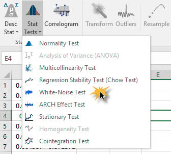 Select white-noise test in NumXL Descriptive Statistics wizard.